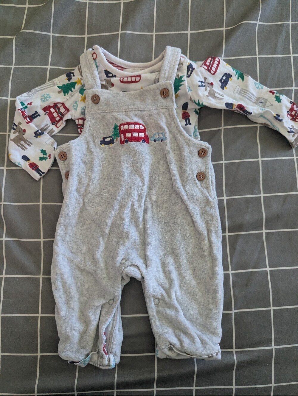 M&S London double decker bus Christmas dungarees overalls outfit